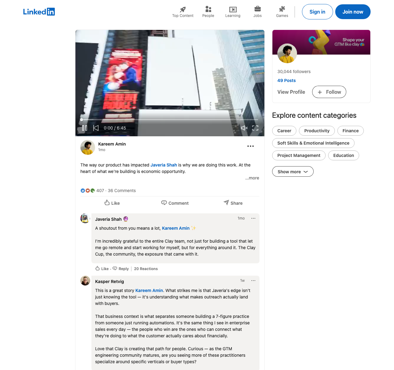 Kareem Amin's LinkedIn post sharing Javeria Shah's GTM Engineer journey
