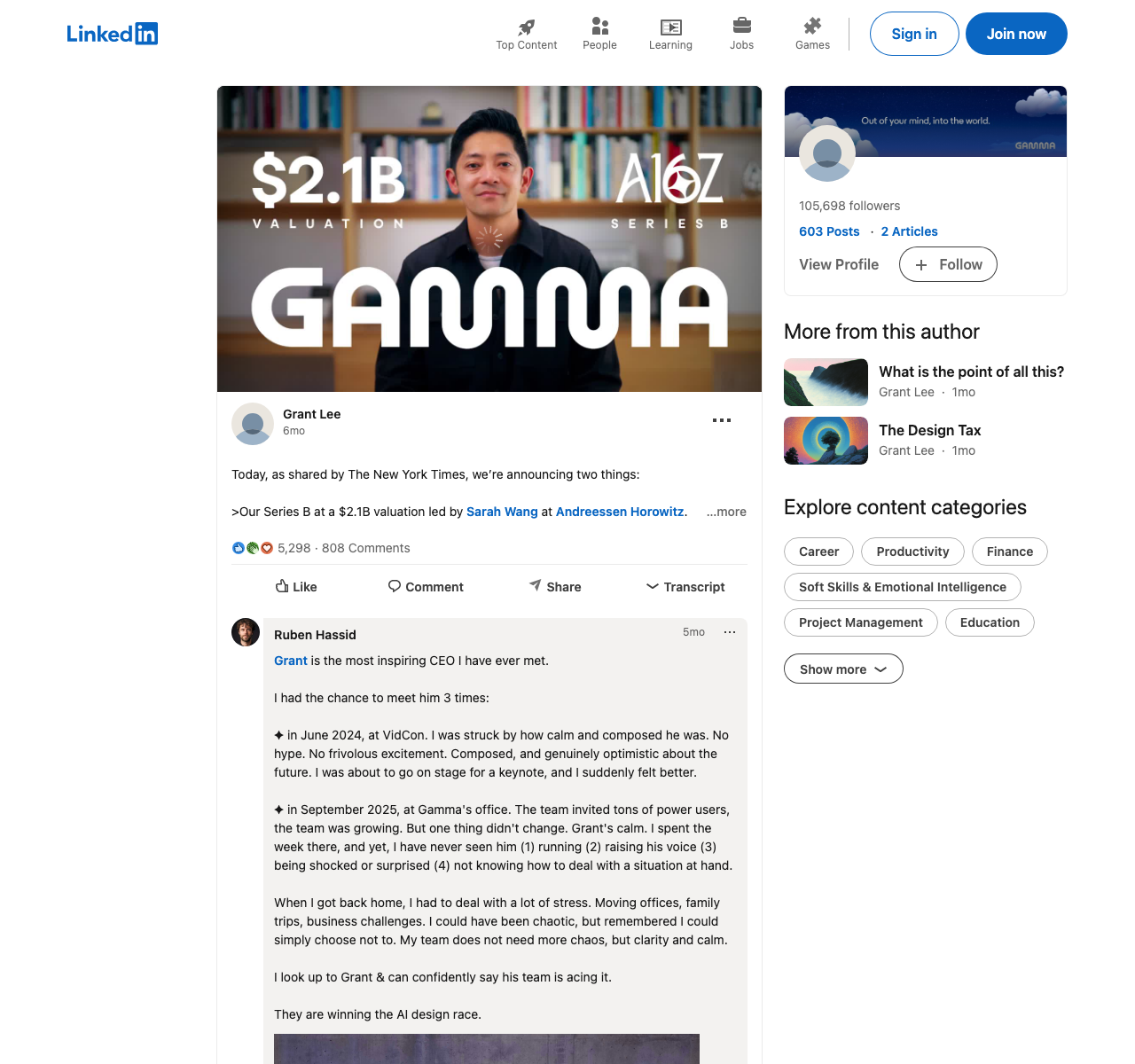 Grant Lee's LinkedIn post announcing Gamma's $2.1B valuation