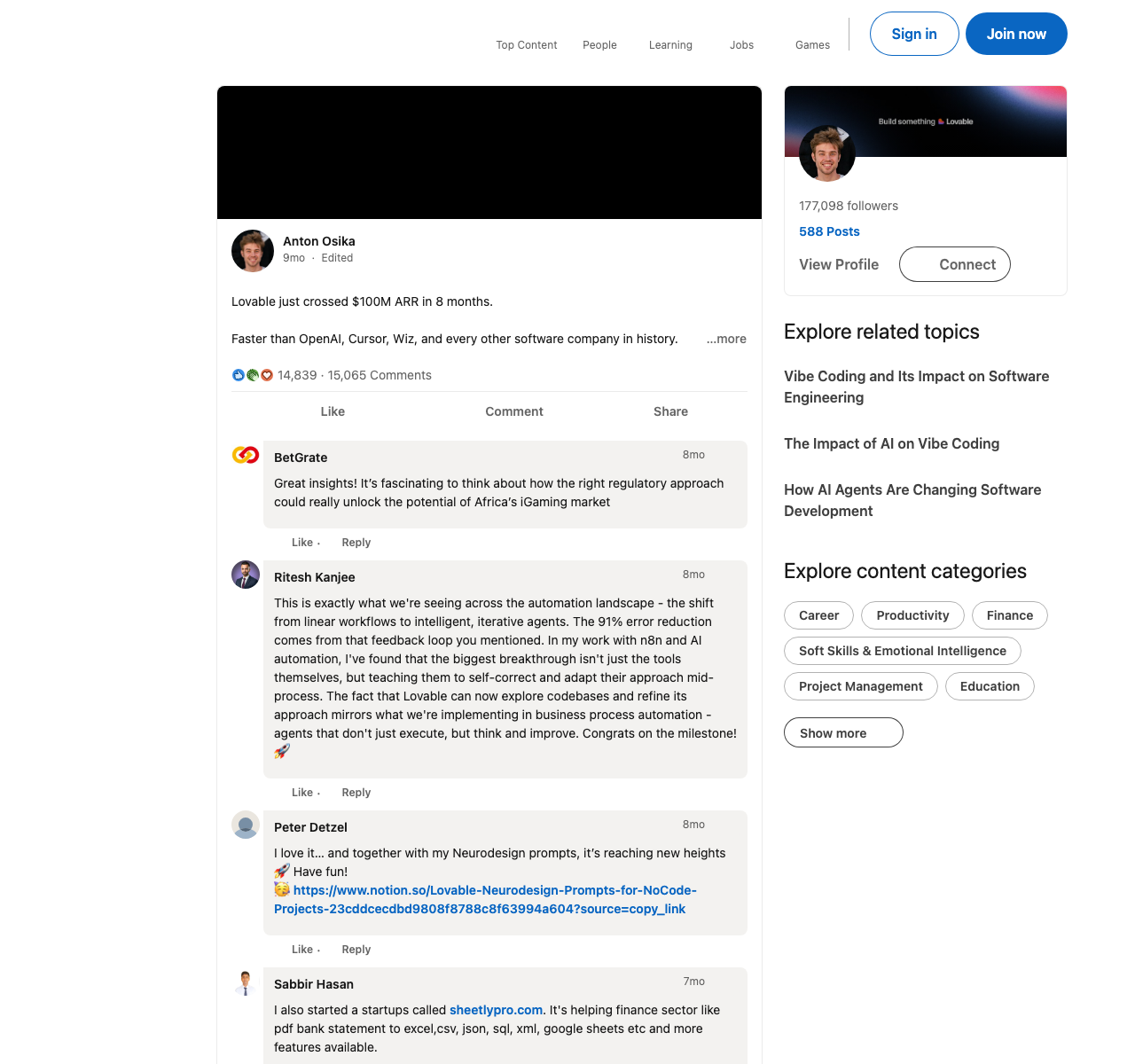 Anton Osika's LinkedIn post announcing Lovable passed $100M ARR